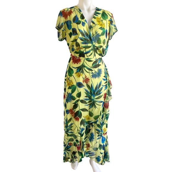 Taylor Dresses & Skirts - Taylor Lime Green Floral Chiffon Faux Wrap Maxi Dress Sz 14 Tropical Ruffle Hem
